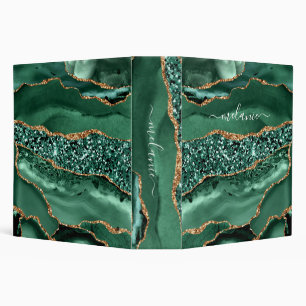 Agate Green Gold Glitter Geode Marble Custom Name Binder