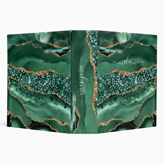 Agate Green Gold Glitter Geode Marble Custom Name Binder (Background)