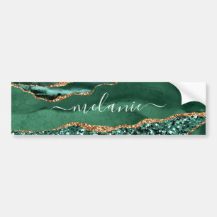 Agate Green Gold Glitter Geode Marble Custom Name Bumper Sticker