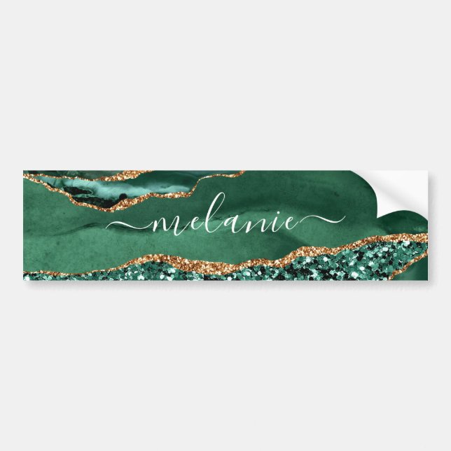 Agate Green Gold Glitter Geode Marble Custom Name  Bumper Sticker (Front)