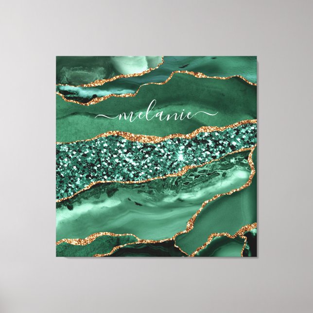 Agate Green Gold Glitter Geode Marble Custom Name Canvas Print (Front)