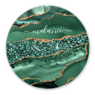 Agate Green Gold Glitter Geode Marble Custom Name Ceramic Knob