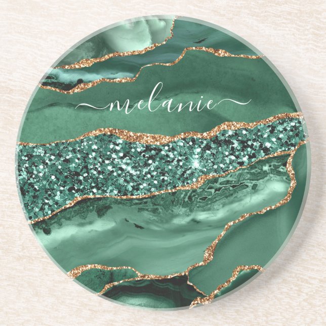Agate Green Gold Glitter Geode Marble Custom Name Coaster (Front)