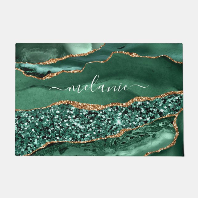 Agate Green Gold Glitter Geode Marble Custom Name Doormat (Front)