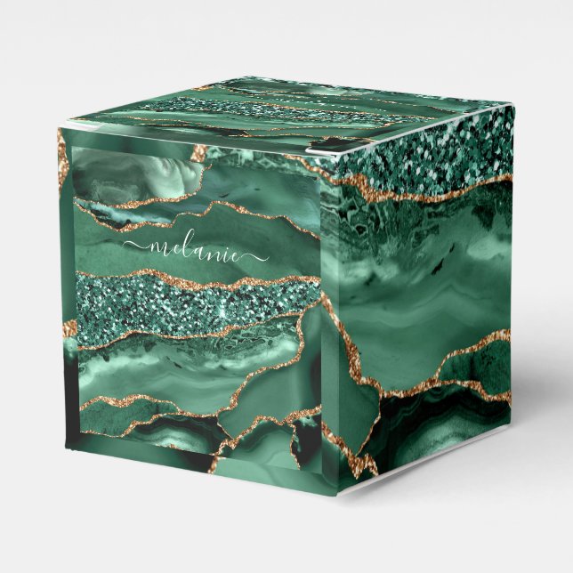 Agate Green Gold Glitter Geode Marble Custom Name Favor Box (Front Side)