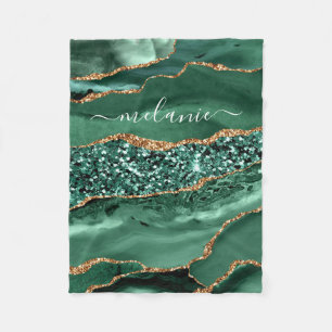 Agate Green Gold Glitter Geode Marble Custom Name Fleece Blanket