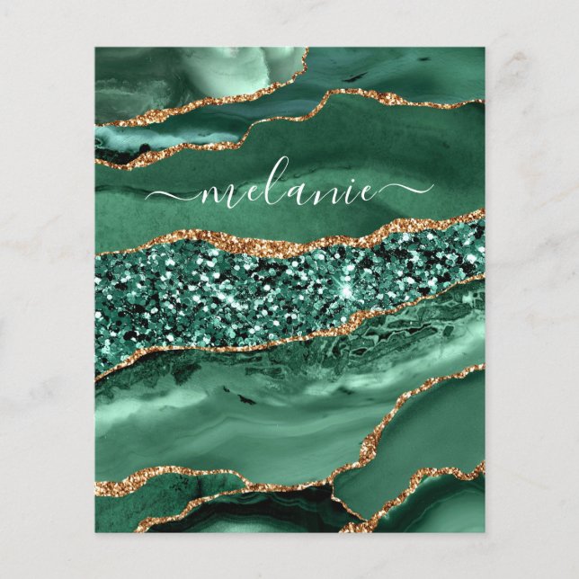 Agate Green Gold Glitter Geode Marble Custom Name Flyer (Front)