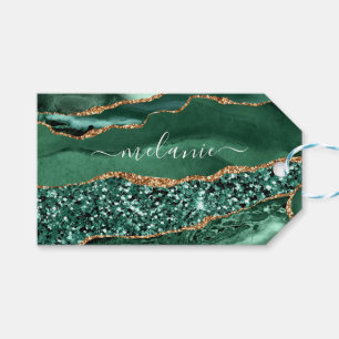 Agate Green Gold Glitter Geode Marble Custom Name Gift Tags