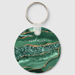 Agate Green Gold Glitter Geode Marble Custom Name Keychain
