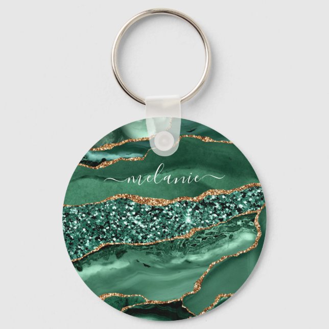 Agate Green Gold Glitter Geode Marble Custom Name Keychain (Front)
