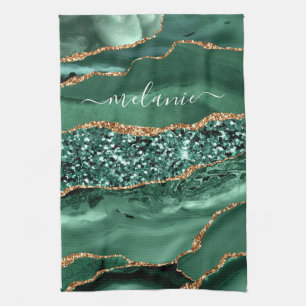 Agate Green Gold Glitter Geode Marble Custom Name Kitchen Towel