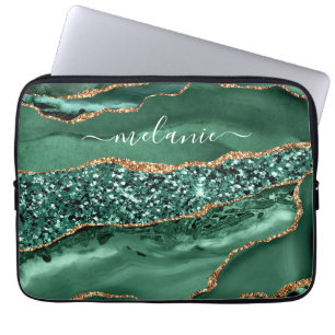 Agate Green Gold Glitter Geode Marble Custom Name  Laptop Sleeve
