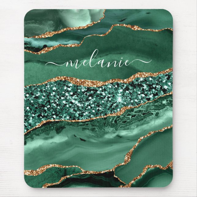 Agate Green Gold Glitter Geode Marble Custom Name Mouse Pad (Front)