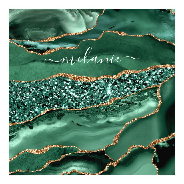 Agate Green Gold Glitter Geode Marble Custom Name Photo Print (Front)