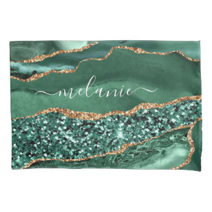 Agate Green Gold Glitter Geode Marble Custom Name Pillowcase