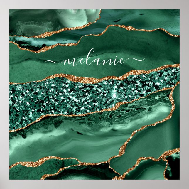 Agate Green Gold Glitter Geode Marble Custom Name Poster (Front)