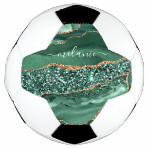 Agate Green Gold Glitter Geode Marble Custom Name Soccer Ball
