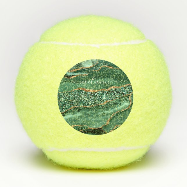 Agate Green Gold Glitter Geode Marble Custom Name  Tennis Balls (Front)