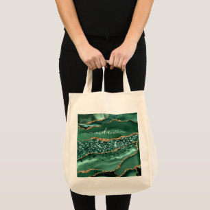 Agate Green Gold Glitter Geode Marble Custom Name Tote Bag