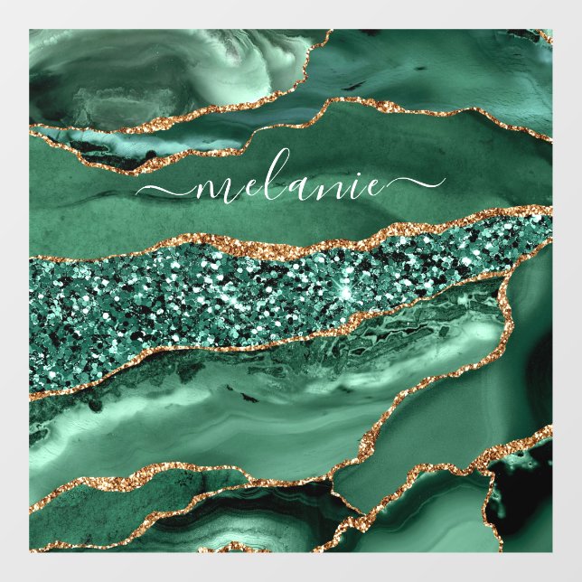Agate Green Gold Glitter Geode Marble Custom Name Window Cling (Sheet)
