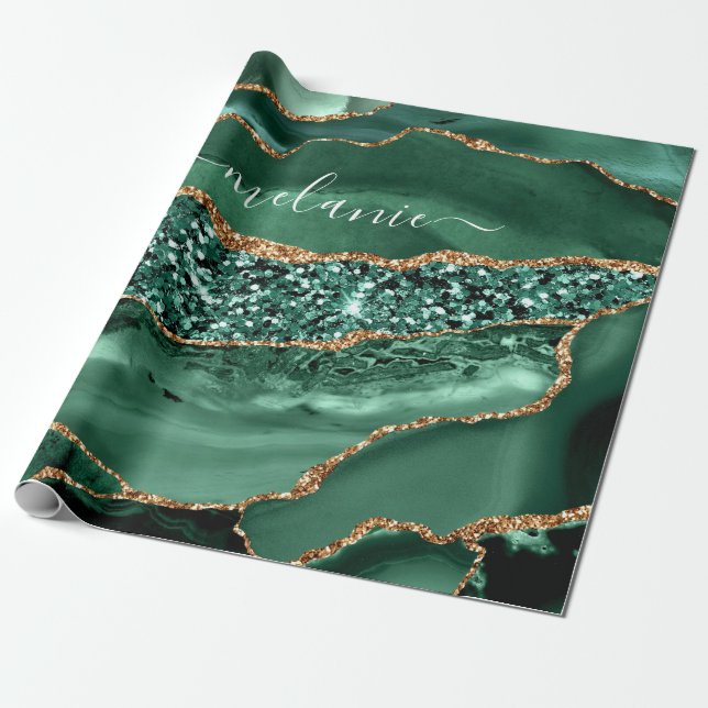 Agate Green Gold Glitter Geode Marble Custom Name Wrapping Paper (Unrolled)