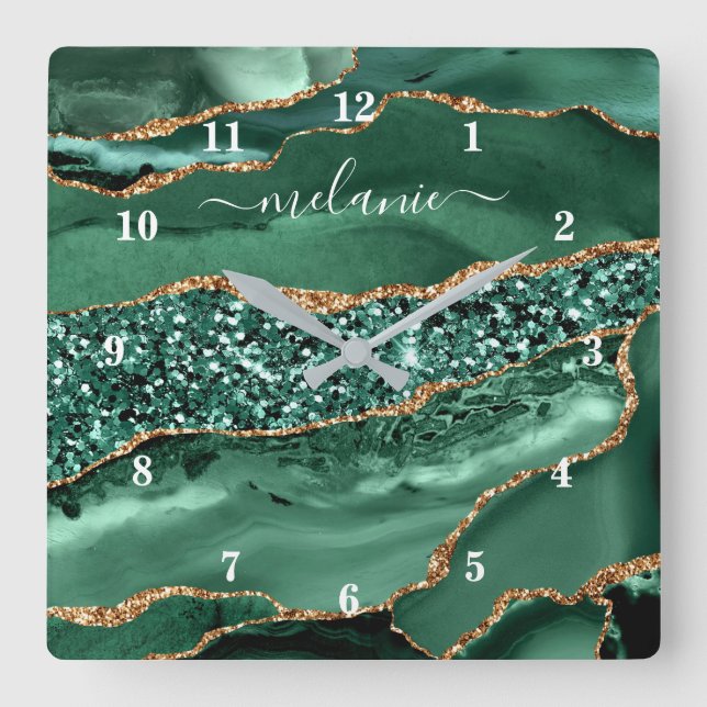 Agate Green Gold Glitter Geode Marble Name Clock (Front)