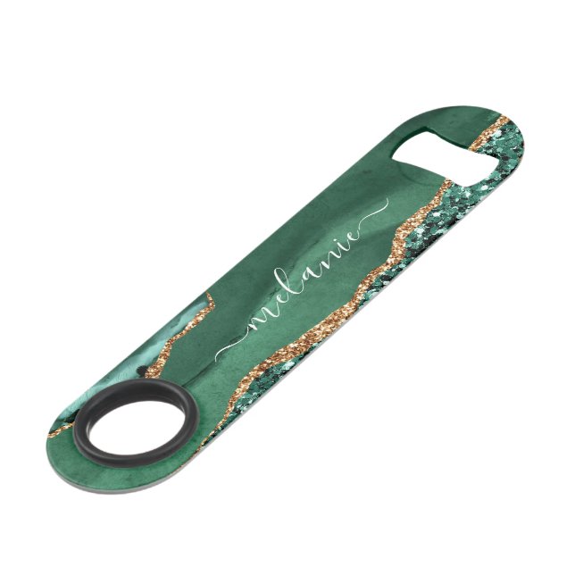 Agate Green Gold Glitter Geode Marble Your Name Bar Key (Back Angled)