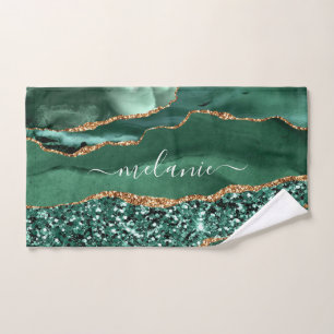 Agate Green Gold Glitter Geode Marble Your Name Bath Towel Set