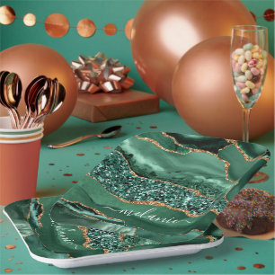 Agate Green Gold Glitter Geode Marble Your Name Paper Plate