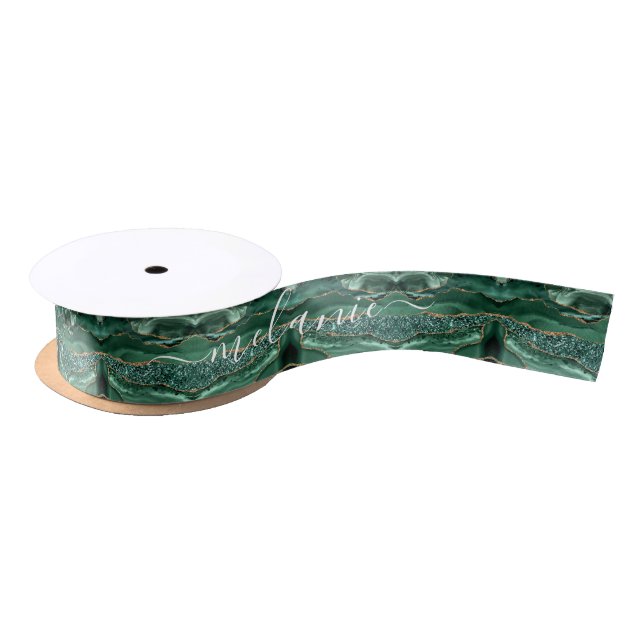 Agate Green Gold Glitter Geode Marble Your Name Satin Ribbon (Spool)