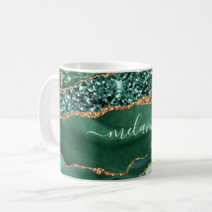 Agate Green Gold Glitter Marble Mug with Your Name