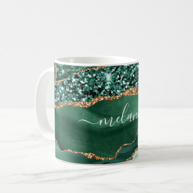 Agate Green Gold Glitter Marble Mug with Your Name (Front Left)