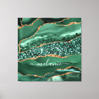 Agate Green Gold Glitter Marble Name Canvas Print