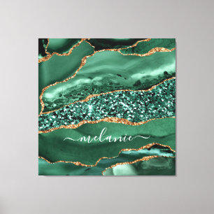 Agate Green Gold Glitter Marble Name Canvas Print