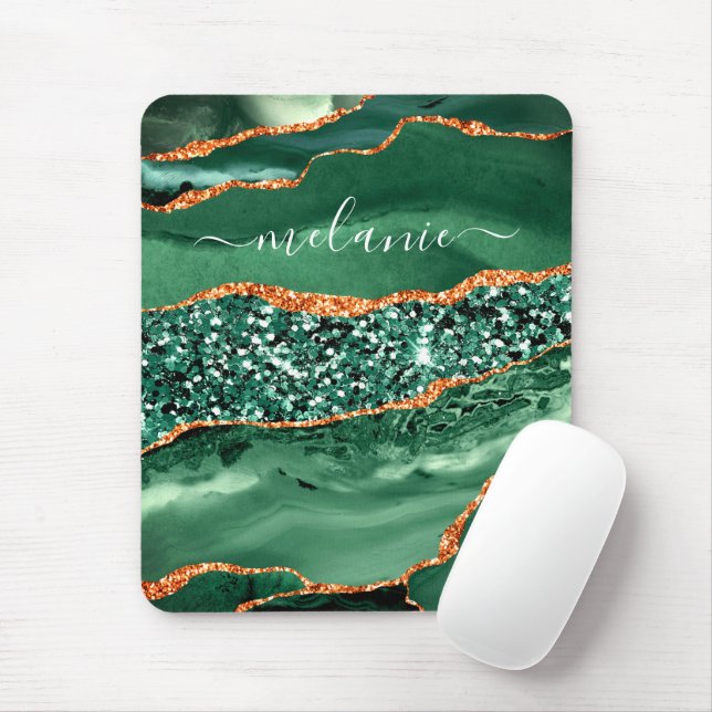 Agate Green Gold Glitter Marble Name Mouse Pad (With Mouse)