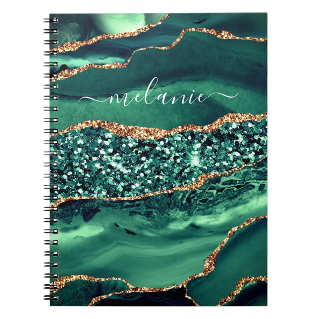 Agate Green Gold Glitter Marble Notebook Your Name (Front)