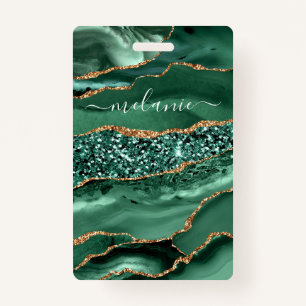 Agate Green Gold Glitter Marble Your Name Badge