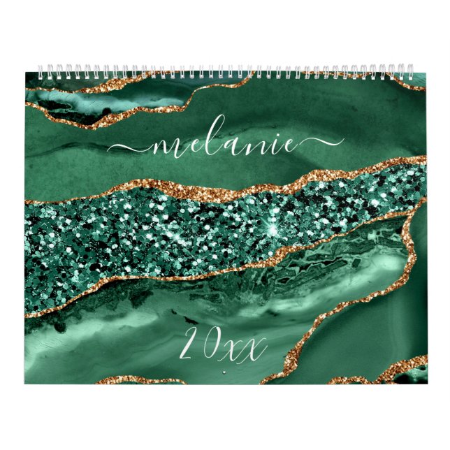 Agate Green Gold Glitter Marble Your Name Calendar (Cover)