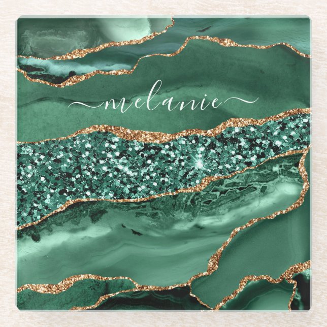 Agate Green Gold Glitter Marble Your Name Coaster (Front)
