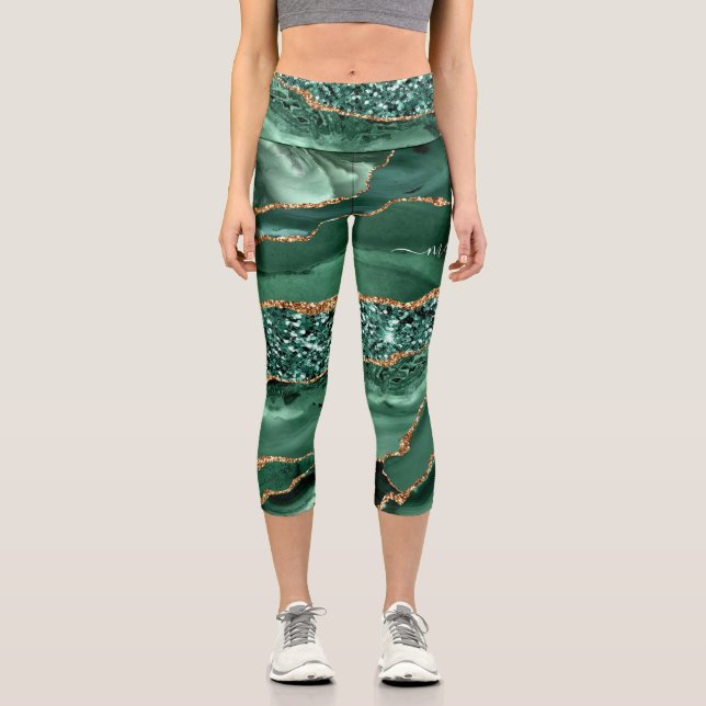 Agate Green Gold Glitter Marble Your Name Leggings (Front)