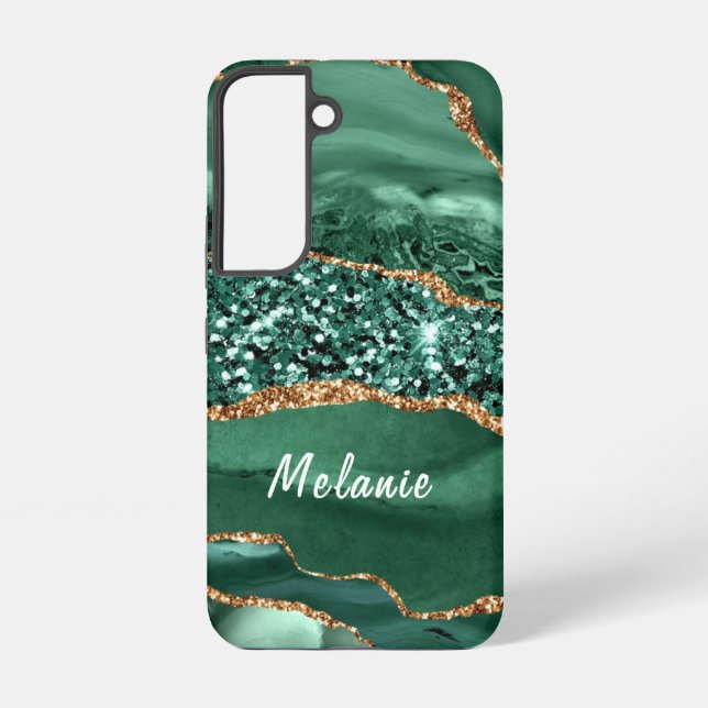 Agate Green Gold Glitter Marble Your Name Samsung Galaxy S22 Case (Back)