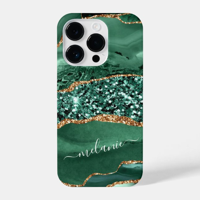 Agate Green Gold Glitter Your Name Marble iPhone Case (Back)