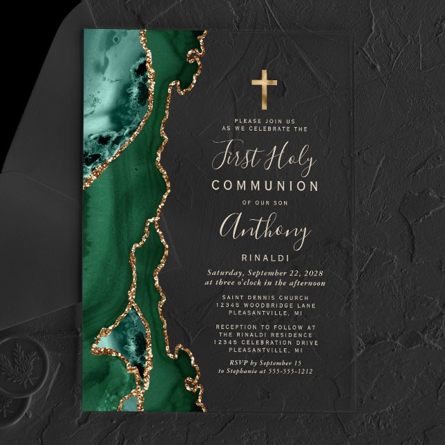 Agate Green Gold Text First Holy Communion Acrylic Invitations (Creator Uploaded)