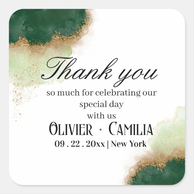 Agate Green & Gold Thank you Sticker for Wedding  (Front)