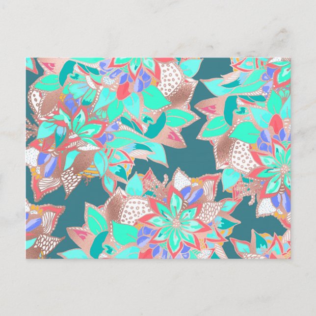 Agate green living coral teal rose gold floral postcard (Front)