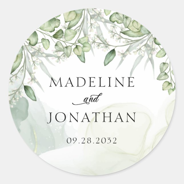 Agate Greenery Eucalyptus Sage Green Wash Wedding Classic Round Sticker (Front)