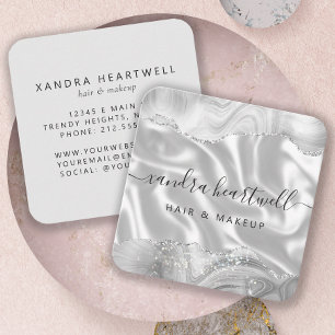 Agate Grey Silver Glitter Luxury Rounded Corners Square Business Card