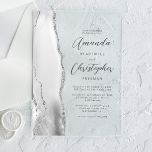 Agate Grey Silver Script Wedding Acrylic Invitations