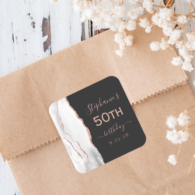 Agate Grey White Rose Gold Dark 50th Birthday Square Sticker (Creator Uploaded)