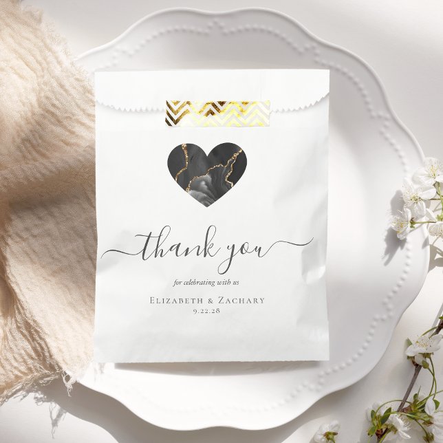 Agate Heart Script Thank You Black Gold Wedding Favour Bag (Creator Uploaded)